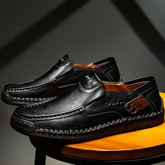 Men's Loafers Leather Hand-Stitched Casual Shoes Non-Slip Wear-Resistant_Black