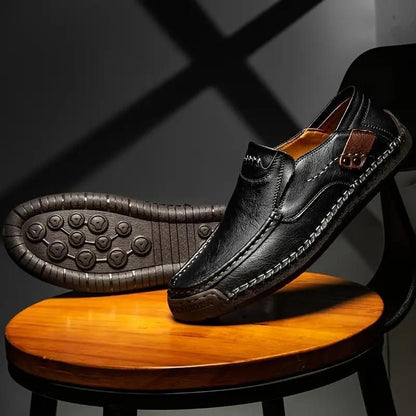 Men's Loafers Leather Hand-Stitched Casual Shoes Non-Slip Wear-Resistant_Black