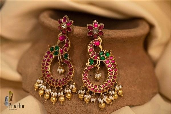 Gold Plated Red & Green Stone Peacock Earrings With Pearl Hanging