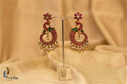 Gold Plated Red & Green Stone Peacock Earrings With Pearl Hanging