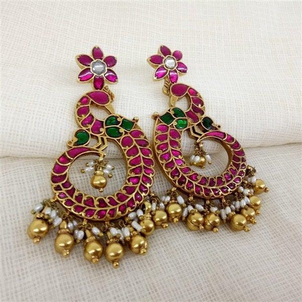 Gold Plated Red & Green Stone Peacock Earrings With Pearl Hanging