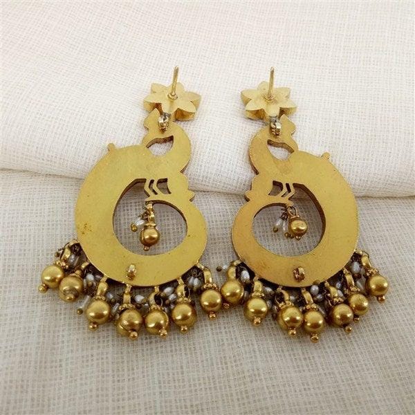 Gold Plated Red & Green Stone Peacock Earrings With Pearl Hanging